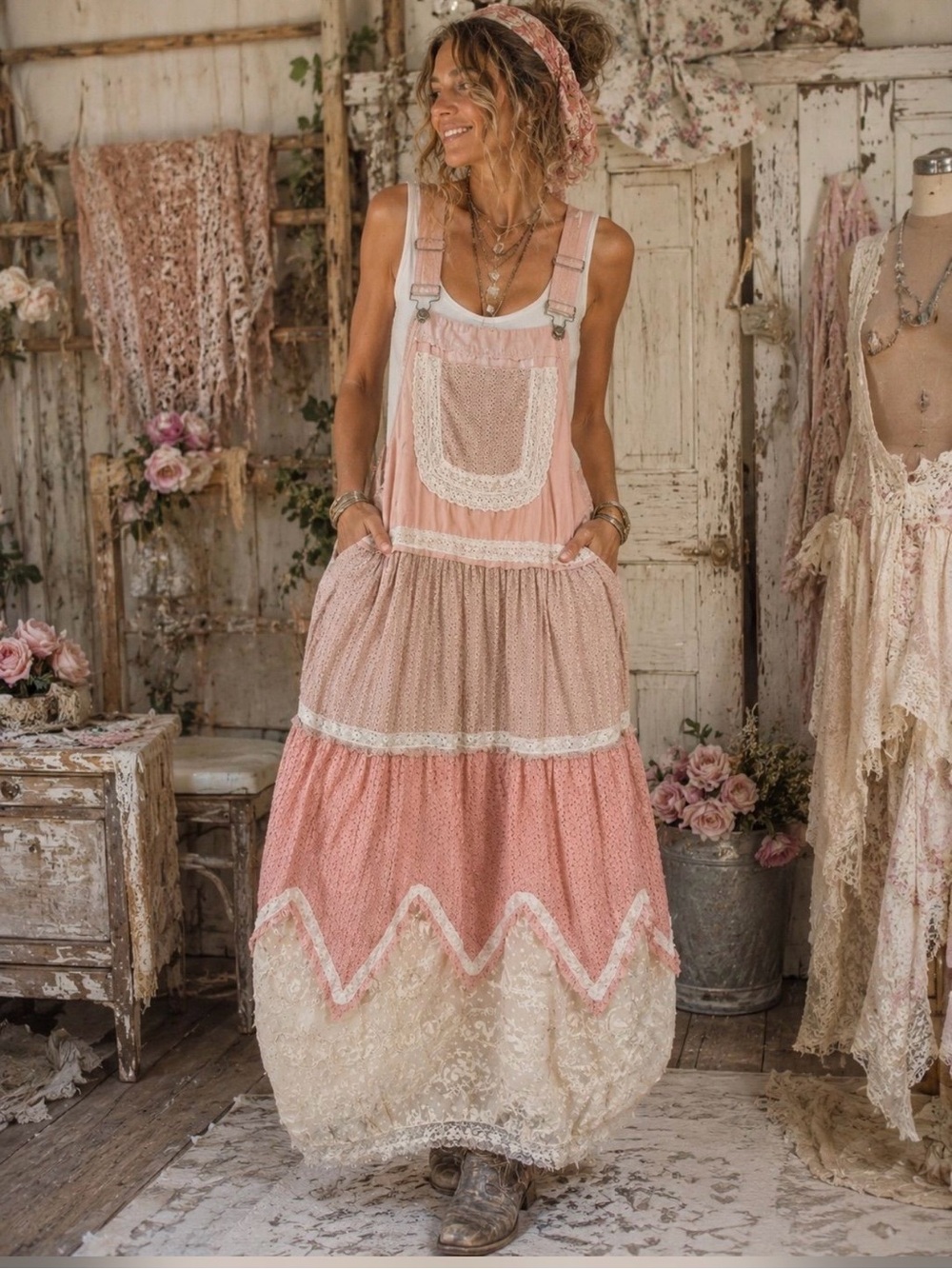 POL Bohemian Pink Tiered Maxi Pinafore Dress with Lace Details
